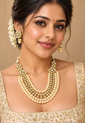 Cream pearl kundan layered necklace set