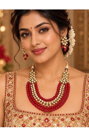 Red kundan bead layered necklace set 3