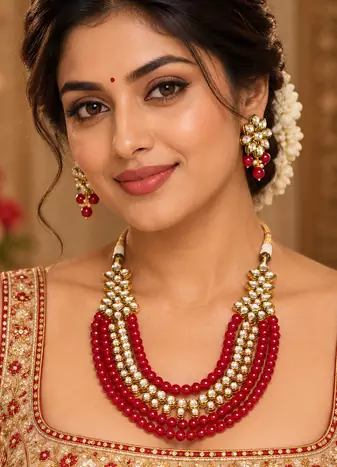 Red kundan bead layered necklace set