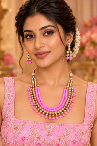 Pink Kundan Charm Statement Necklace Set