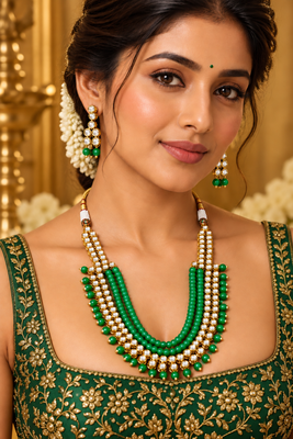 Green kundan charm statement necklace set 1