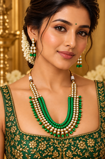 Green kundan charm statement necklace set