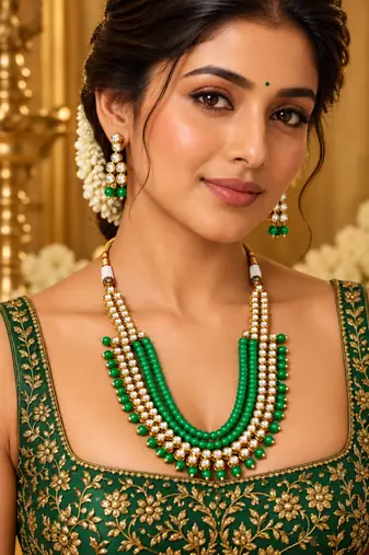 Green kundan charm statement necklace set