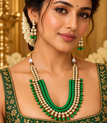 Green kundan charm statement necklace set