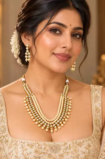Cream pearl kundan statement necklace set