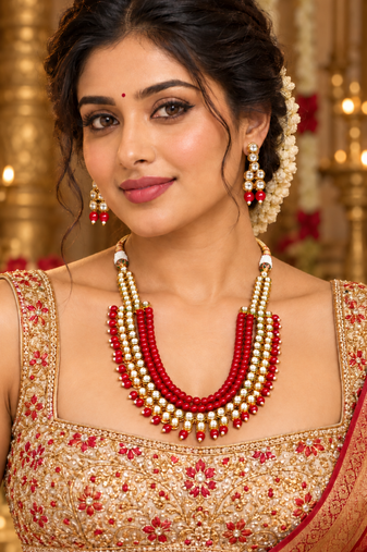 Red kundan charm statement necklace set