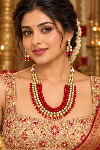 Red kundan charm statement necklace set