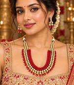 Red kundan charm statement necklace set