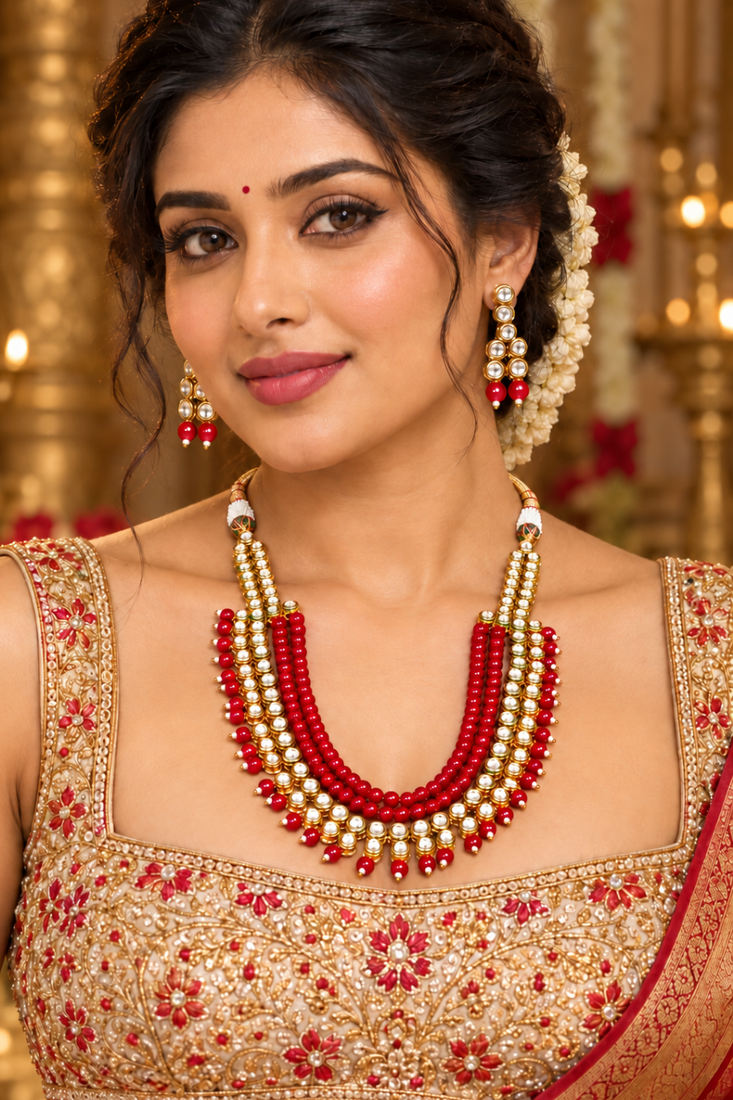Red kundan charm statement necklace set