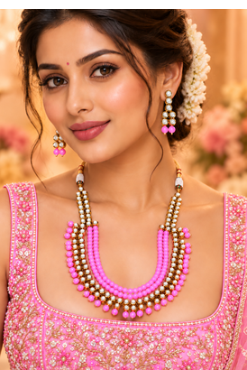 Pink Kundan Charm Statement Necklace Set 3