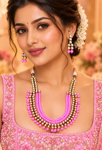 Pink Kundan Charm Statement Necklace Set