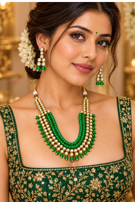 Green kundan charm statement necklace set 3