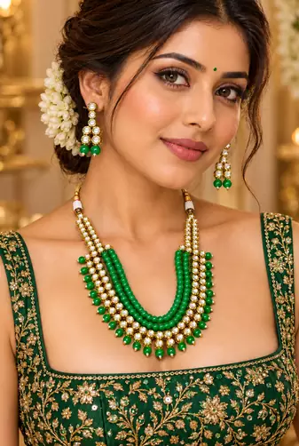 Green kundan charm statement necklace set