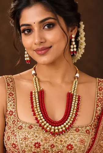Red kundan charm statement necklace set