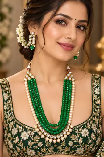 Dark Green Kundan Pearl Layered Necklace Set