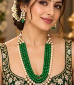 Dark Green Kundan Pearl Layered Necklace Set