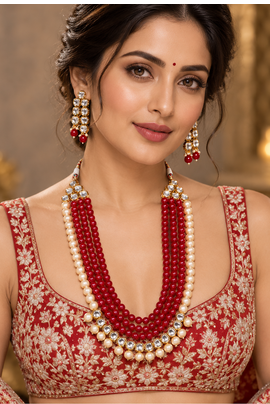 Red kundan pearl layered necklace set 1