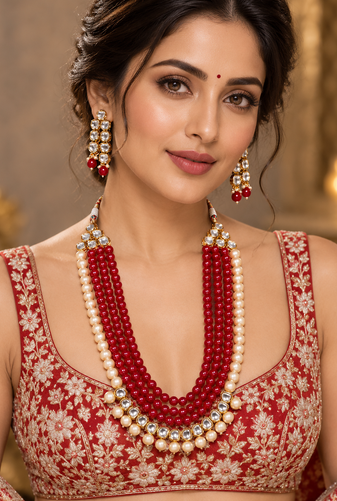Red kundan pearl layered necklace set