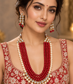 Red kundan pearl layered necklace set