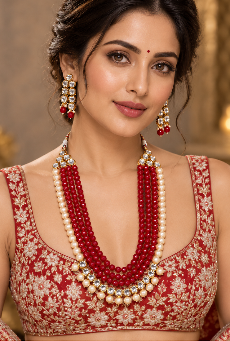 Red kundan pearl layered necklace set