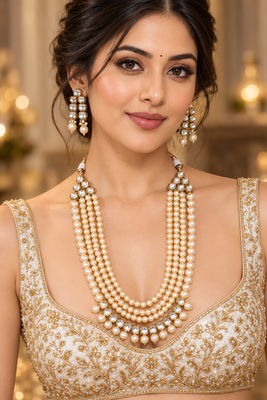 Cream pearl kundan layered necklace set 1