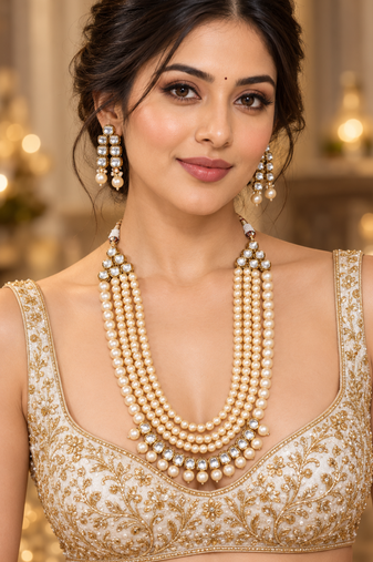 Cream pearl kundan layered necklace set