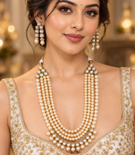 Cream pearl kundan layered necklace set