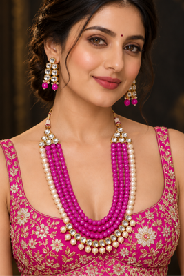 Pink kundan pearl layered necklace set 1