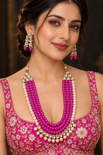 Pink kundan pearl layered necklace set