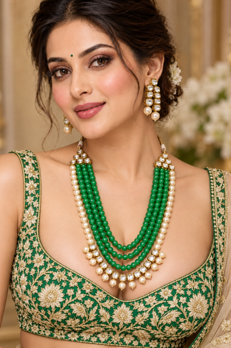 Light green kundan pearl layered necklace set