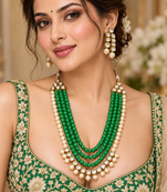 Light green kundan pearl layered necklace set