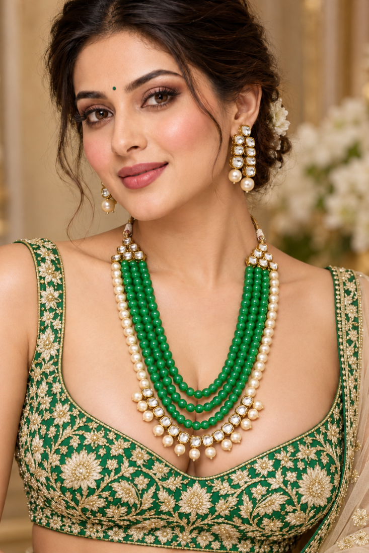 Light green kundan pearl layered necklace set