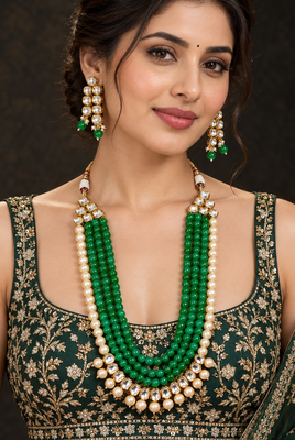 Dark Green Kundan Pearl Layered Necklace Set 3