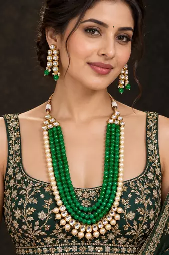 Dark Green Kundan Pearl Layered Necklace Set