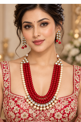 Red kundan pearl layered necklace set 3