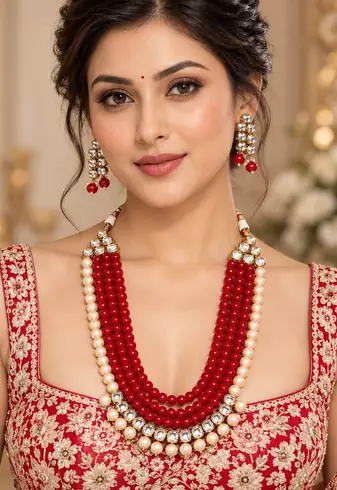 Red kundan pearl layered necklace set