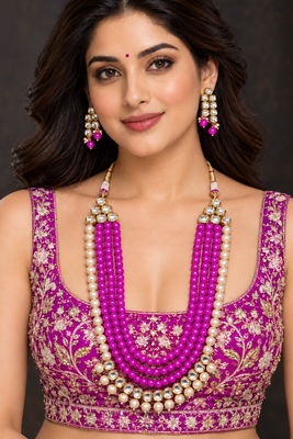 Pink kundan pearl layered necklace set 3