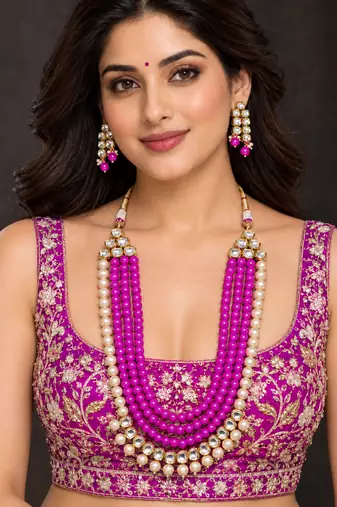 Pink kundan pearl layered necklace set