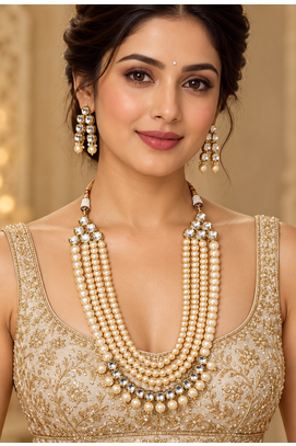 Cream pearl kundan layered necklace set 3