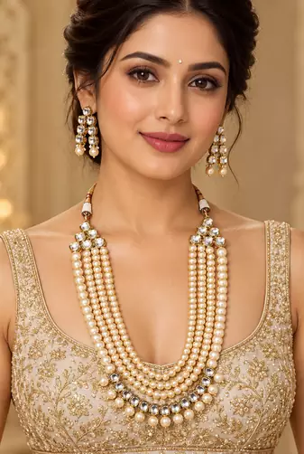 Cream pearl kundan layered necklace set