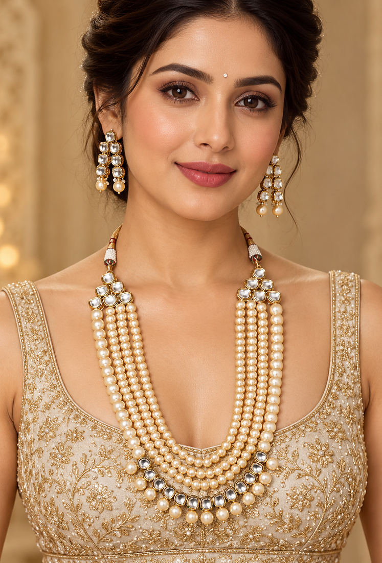 Cream pearl kundan layered necklace set