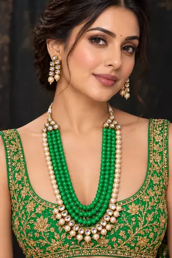 Light green kundan pearl layered necklace set