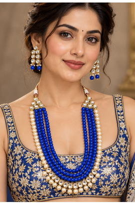 Blue kundan pearl layered necklace set 3