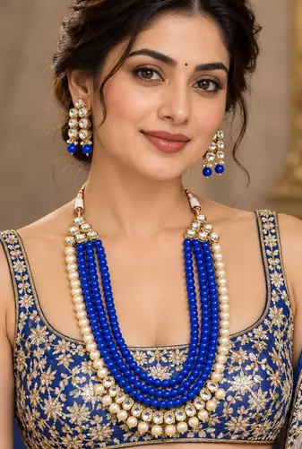 Blue kundan pearl layered necklace set