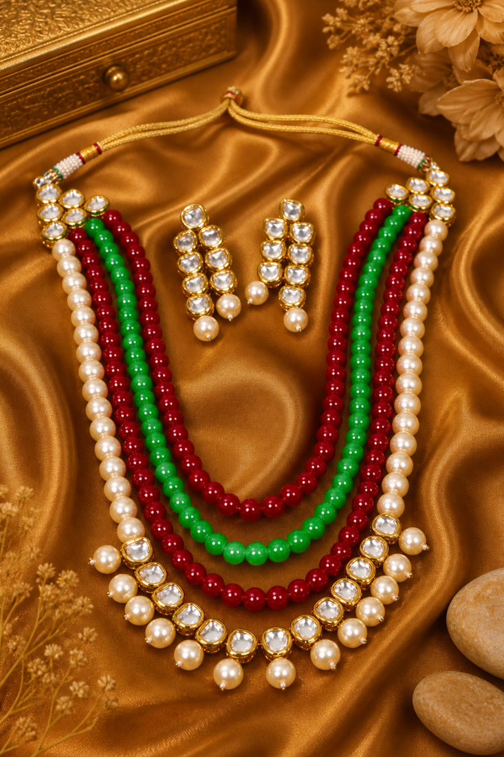 Multicolour kundan pearl layered necklace set