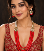 Red Kundan Triple Strand Necklace Set