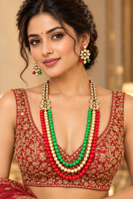 Red green pearl kundan strand necklace set 1
