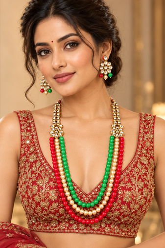 Red green pearl kundan strand necklace set