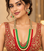 Red green pearl kundan strand necklace set