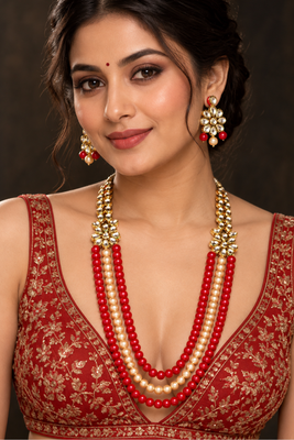 Red and cream kundan pearl layered necklace set 1